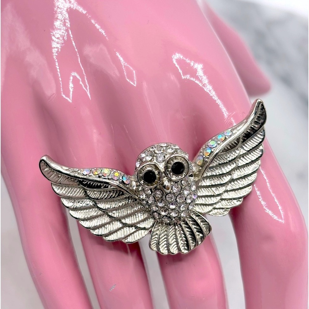 Silver tone & Crystal OWL with‎ Wings Spread Stretch Band Ring